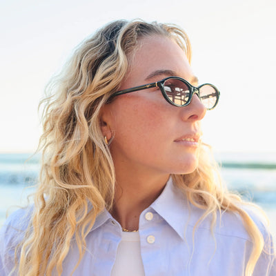 Woman wearing glasses with a blurred beach background.
BLACK / COCOA POLARIZED LENS
