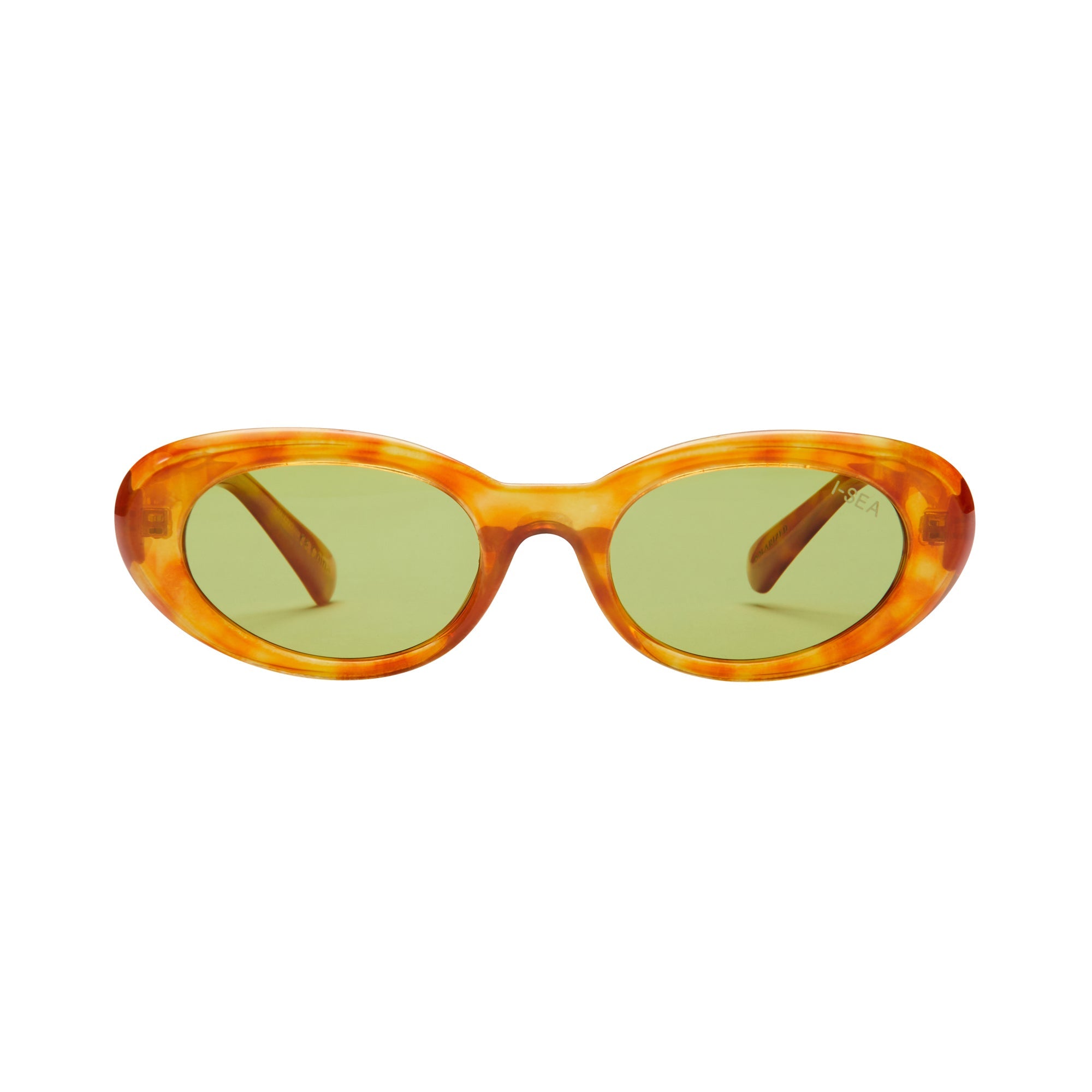 Sunglasses with tortoiseshell frame and green lenses on a white background.
HONEY TORT / GREEN POLARIZED LENS