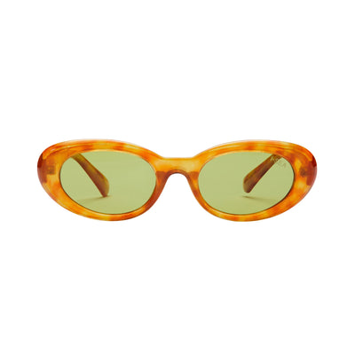 Sunglasses with tortoiseshell frame and green lenses on a white background.
HONEY TORT / GREEN POLARIZED LENS
