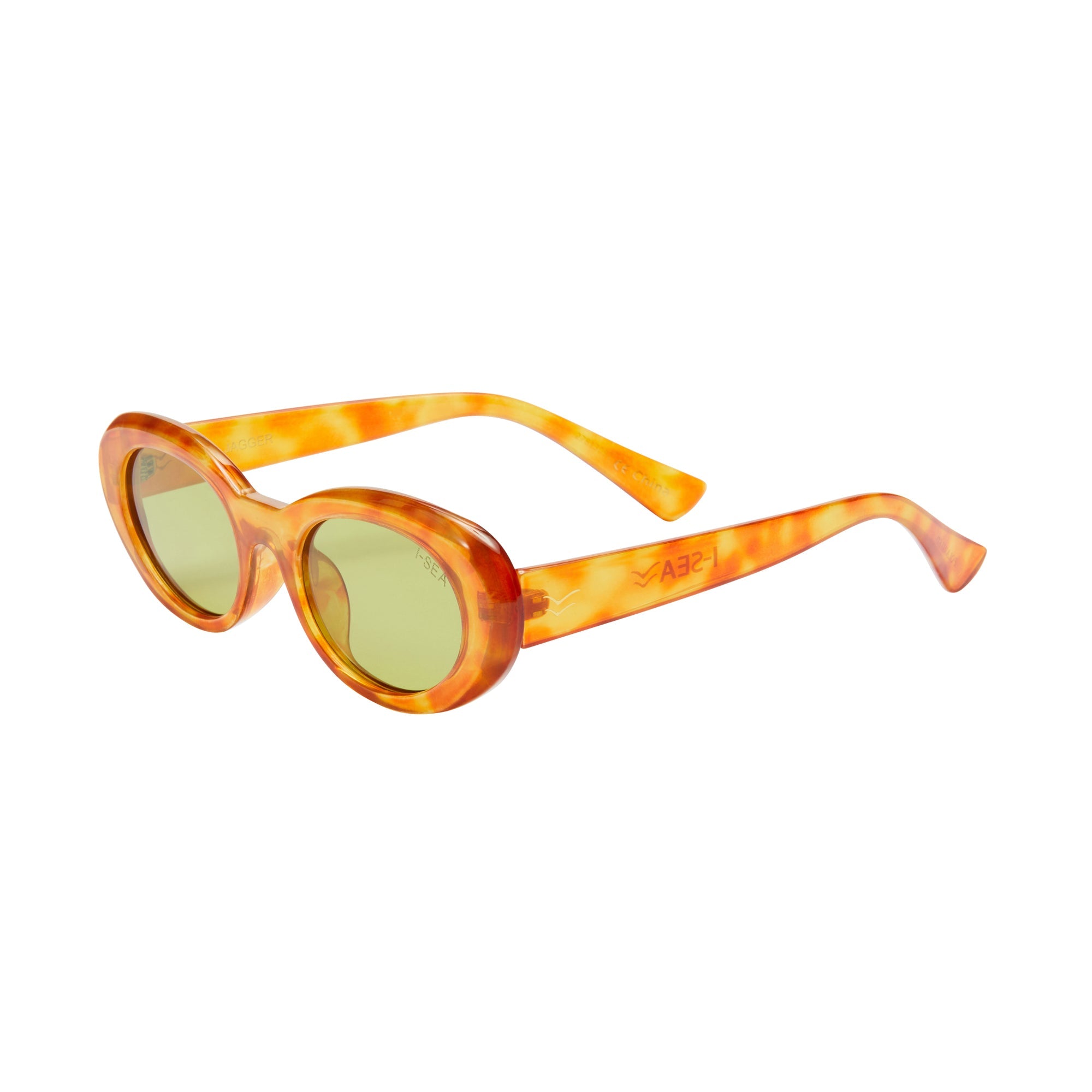 Sunglasses with tortoiseshell frame and green lenses on a white background.
HONEY TORT / GREEN POLARIZED LENS