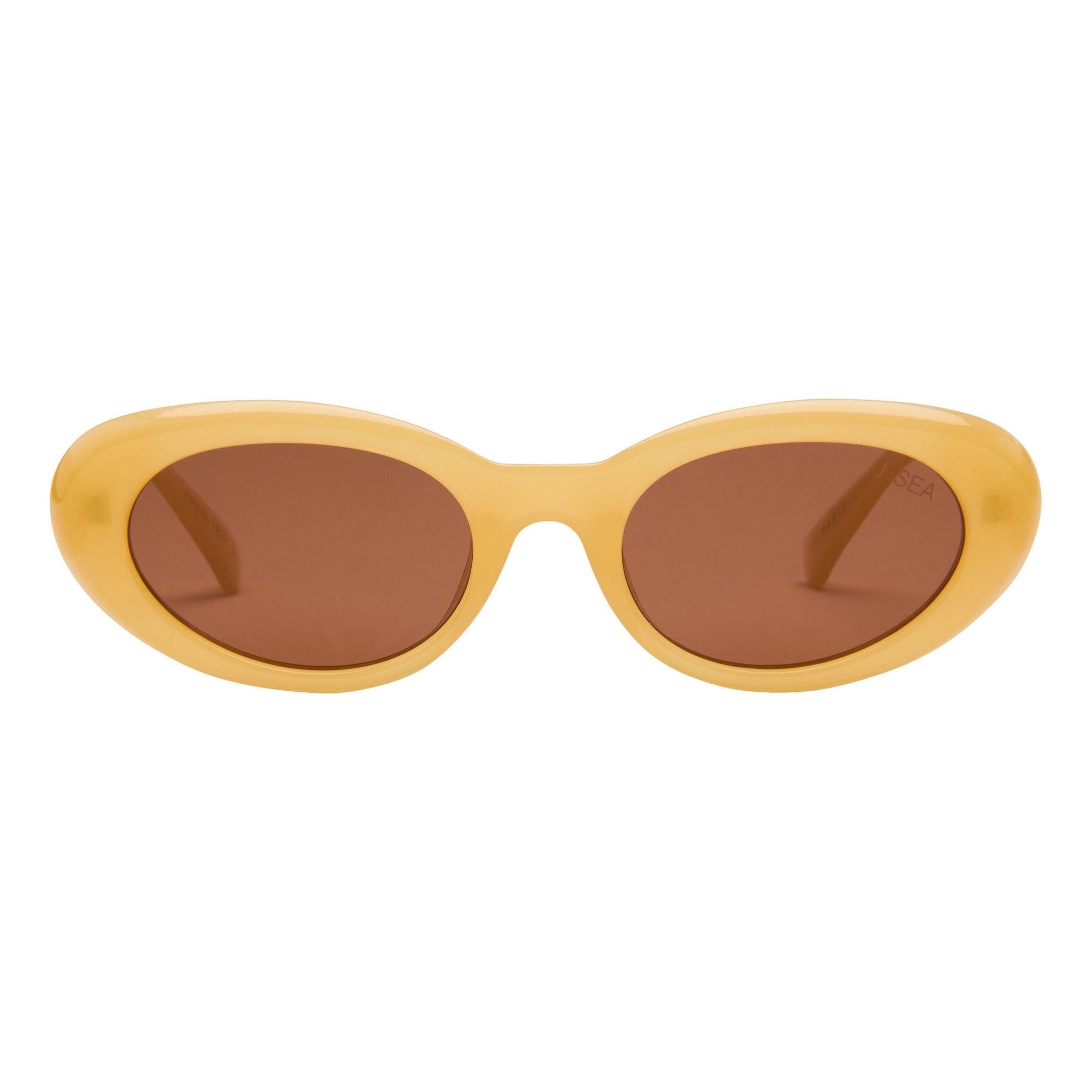 Yellow sunglasses with brown lenses on a white background.
LEMON / BROWN POLARIZED LENS