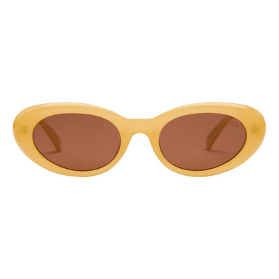 Yellow sunglasses with brown lenses on a white background.
LEMON / BROWN POLARIZED LENS