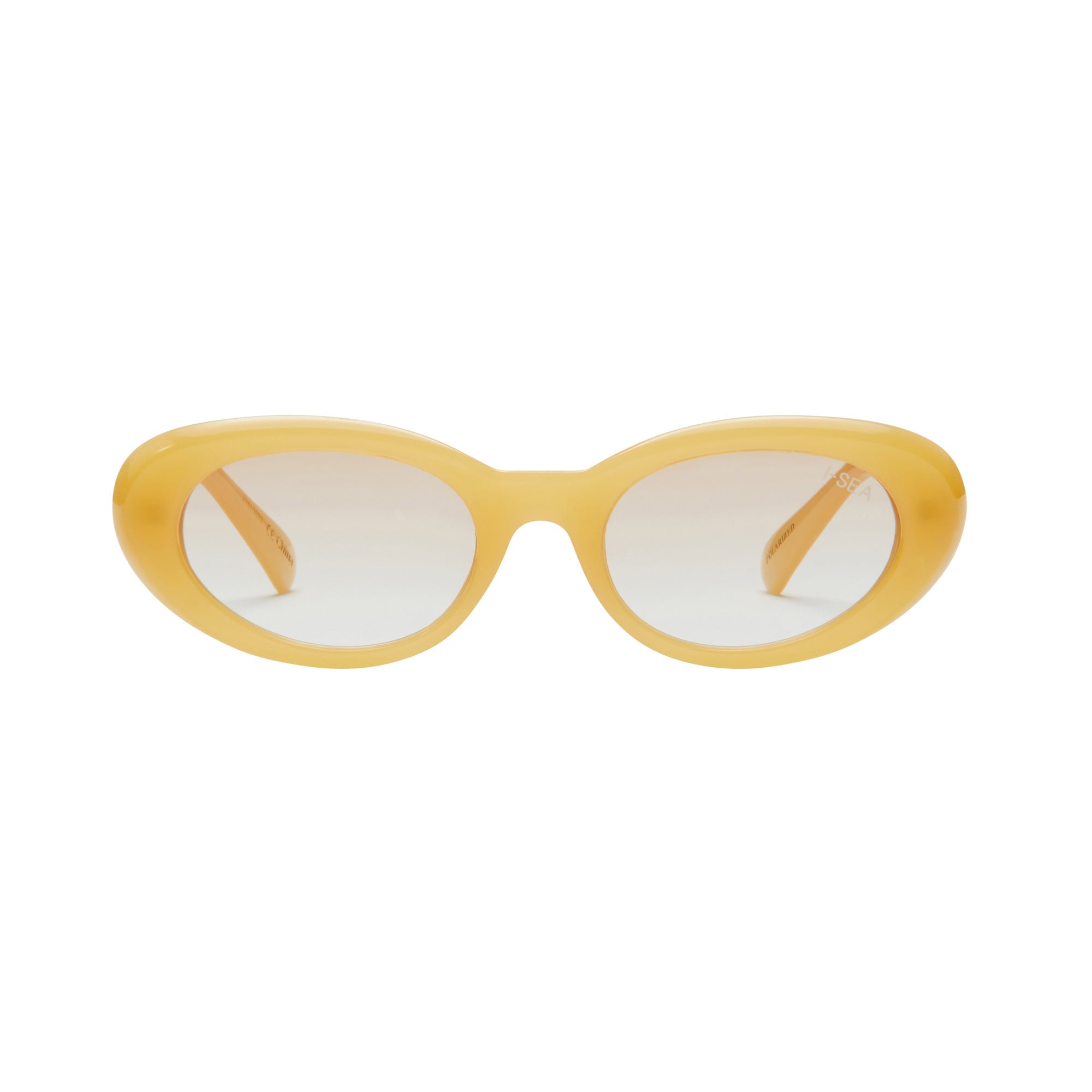 Yellow sunglasses with a white background.
LEMON / BROWN GRADIENT POLARIZED LENS