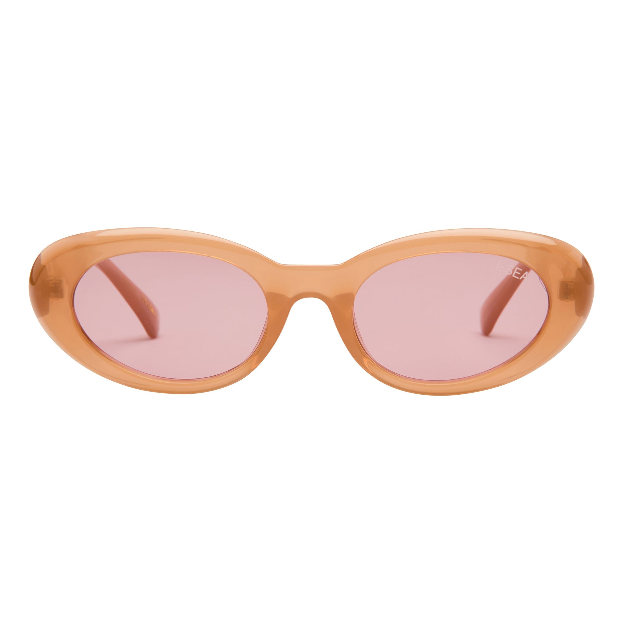 Sunglasses with brown frame and pink lenses on a white background.
TAUPE / TAUPE POLARIZED LENS