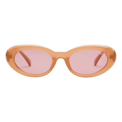 Sunglasses with brown frame and pink lenses on a white background.
TAUPE / TAUPE POLARIZED LENS