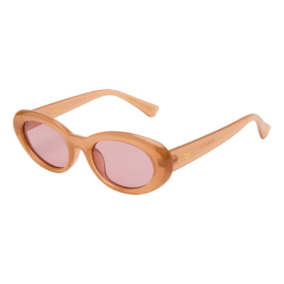 Sunglasses with wooden frame and pink lenses on a white background.
TAUPE / TAUPE POLARIZED LENS