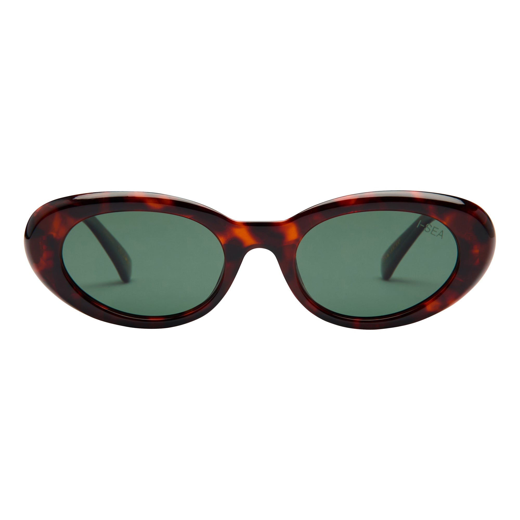 Sunglasses with tortoiseshell frame and green lenses on a white background.
TORT / GREEN POLARIZED LENS