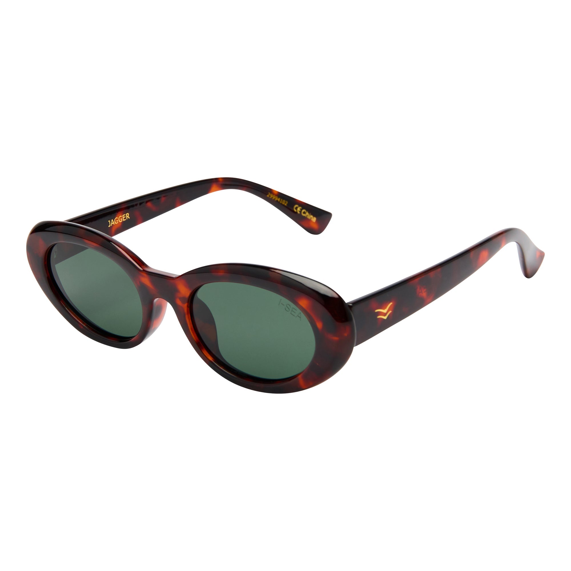 Sunglasses with tortoiseshell frame and dark lenses on a white background.
TORT / GREEN POLARIZED LENS