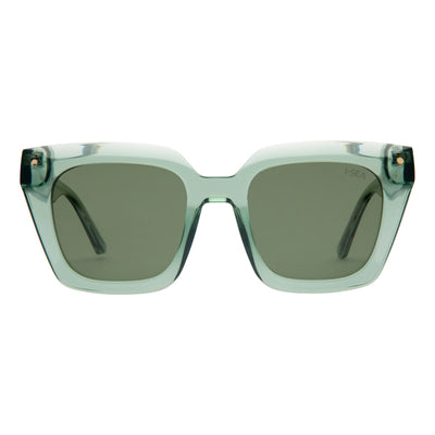 Sunglasses with green lenses and transparent frame on a white background.
LEAF / GREEN POLARIZED LENS