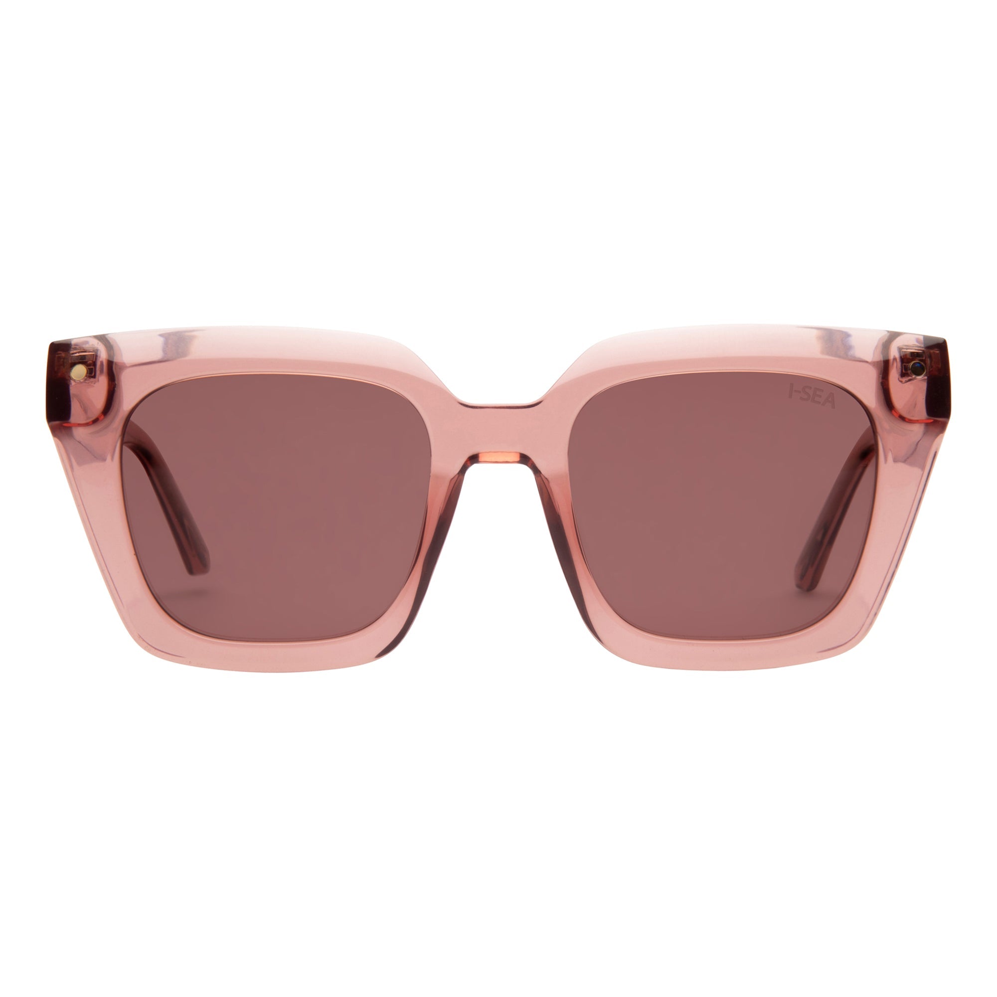 Pink sunglasses with brown lenses on a white background.
WATERMELON / PLUM POLARIZED LENS