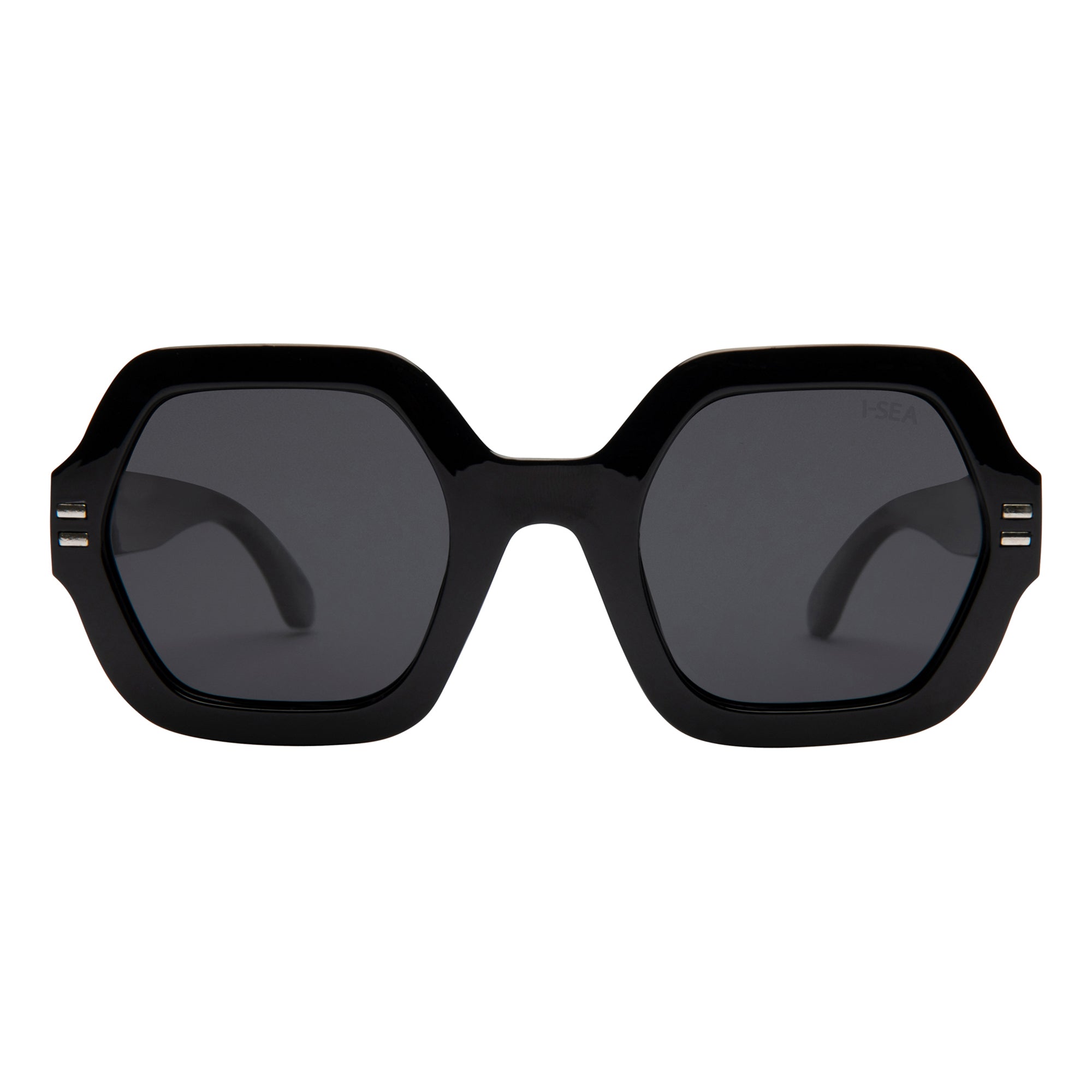 Black sunglasses with dark lenses on a white background.
BLACK / SMOKE POLARIZED LENS