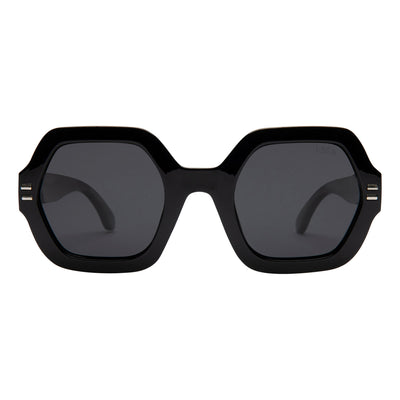 Black sunglasses with dark lenses on a white background.
BLACK / SMOKE POLARIZED LENS