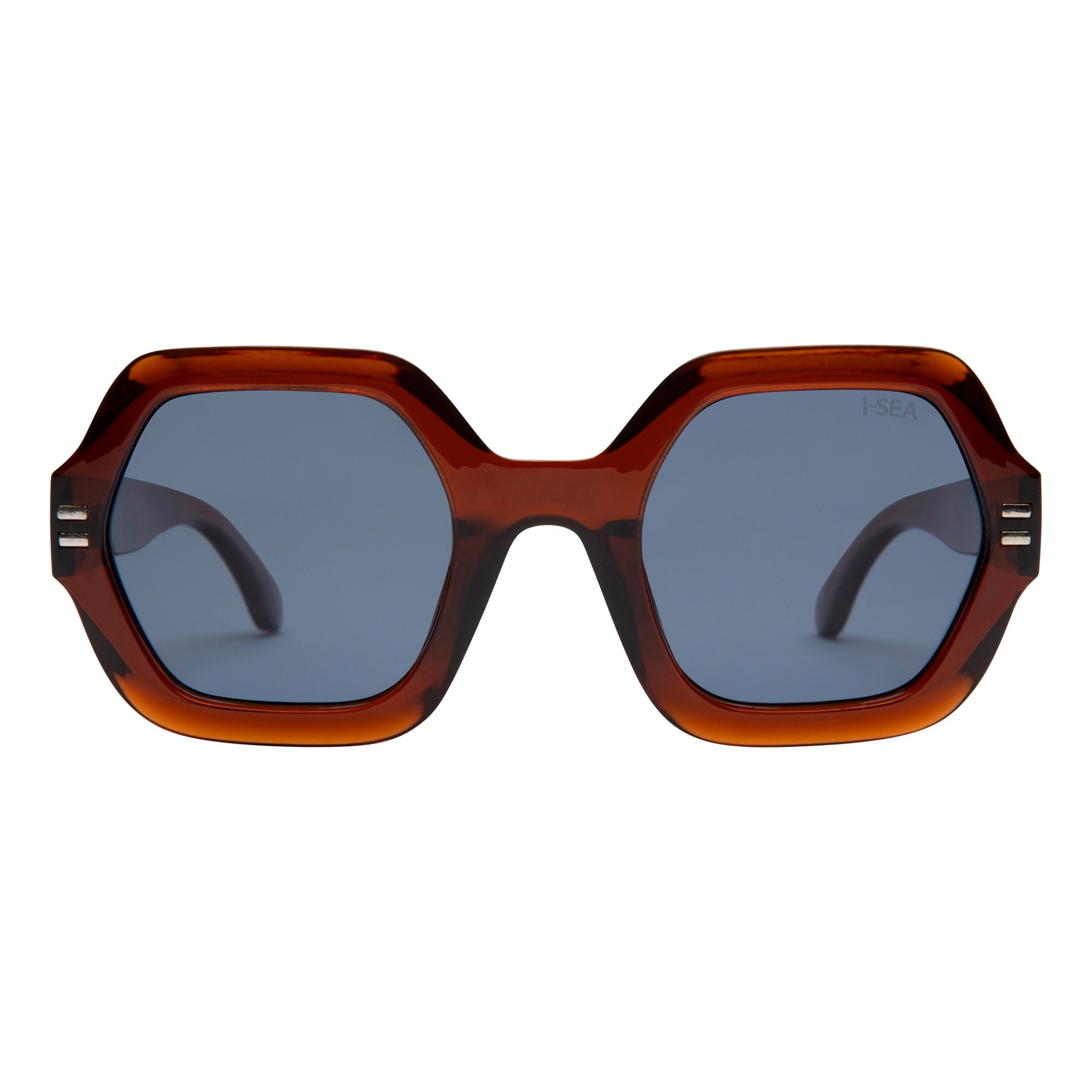 Sunglasses with brown frame and dark lenses on a white background.
COLA / NAVY POLARIZED LENS