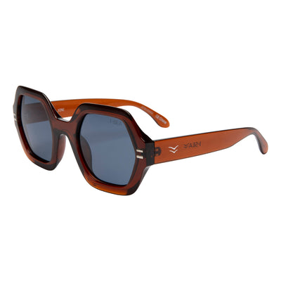 Sunglasses with brown frame and dark lenses on a white background.
COLA / NAVY POLARIZED LENS