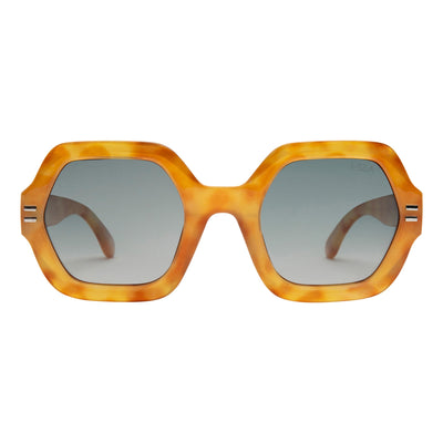 Sunglasses with tortoiseshell frame and reflective lenses on a white background.
HONEY TORT / GREEN POLARIZED LENS