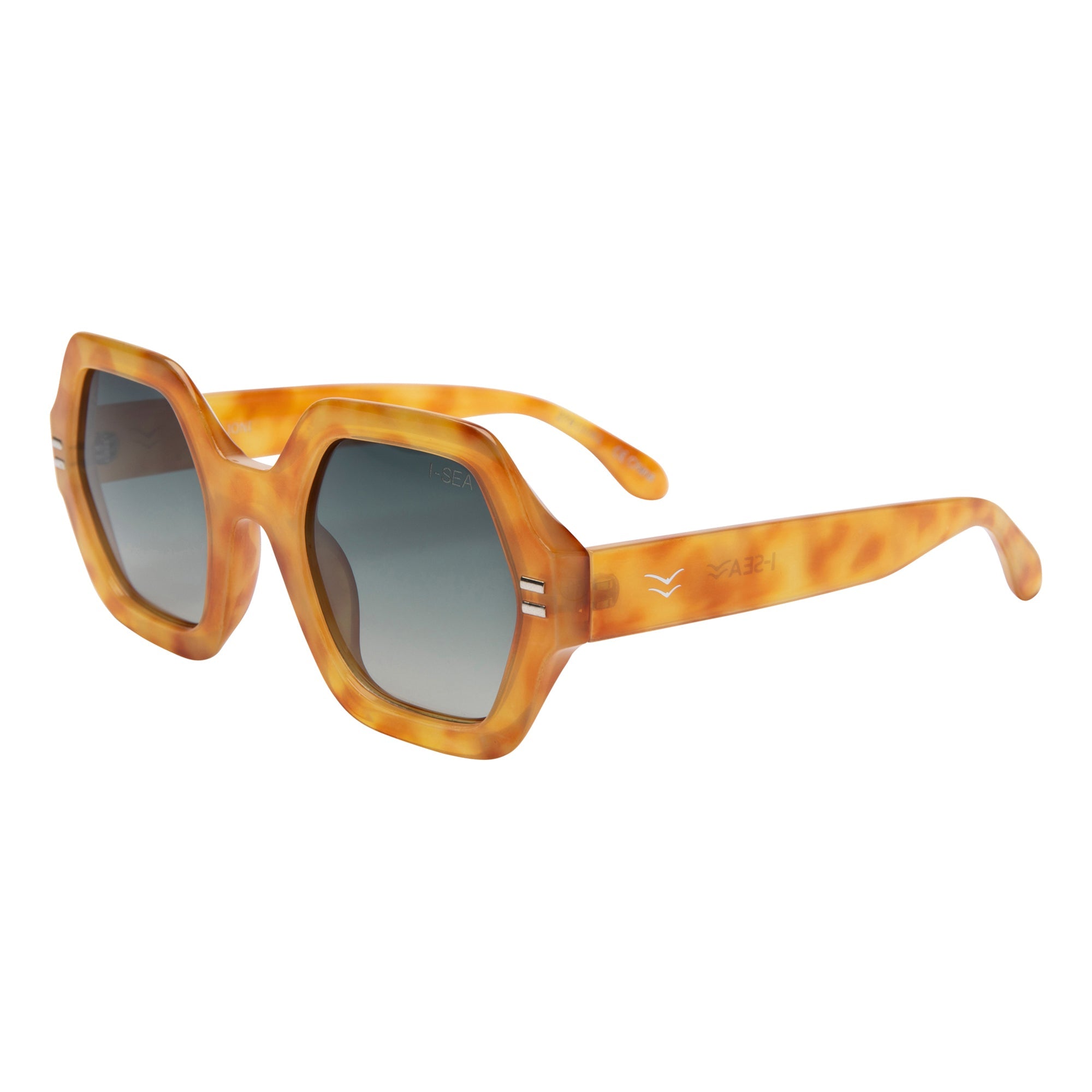 Sunglasses with tortoiseshell frame and dark lenses on a white background.
HONEY TORT / GREEN POLARIZED LENS