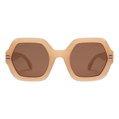 Beige sunglasses with brown lenses on a white background.
VANILLA / BROWN POLARIZED LENS