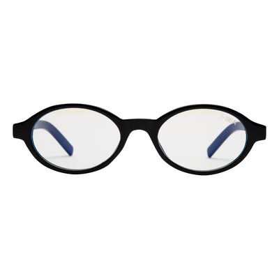 Black eyeglasses with blue accents on a white background.
BLACK / BLUE LIGHT LENS