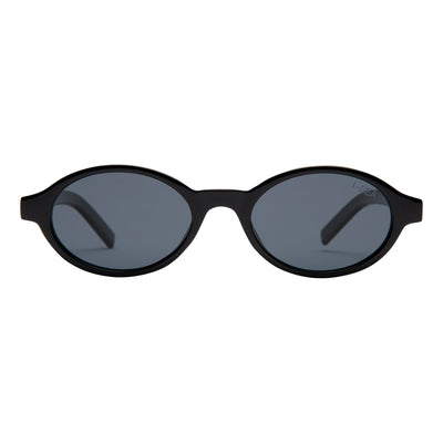 Black sunglasses with dark lenses on a white background.
BLACK / SMOKE POLARIZED LENS