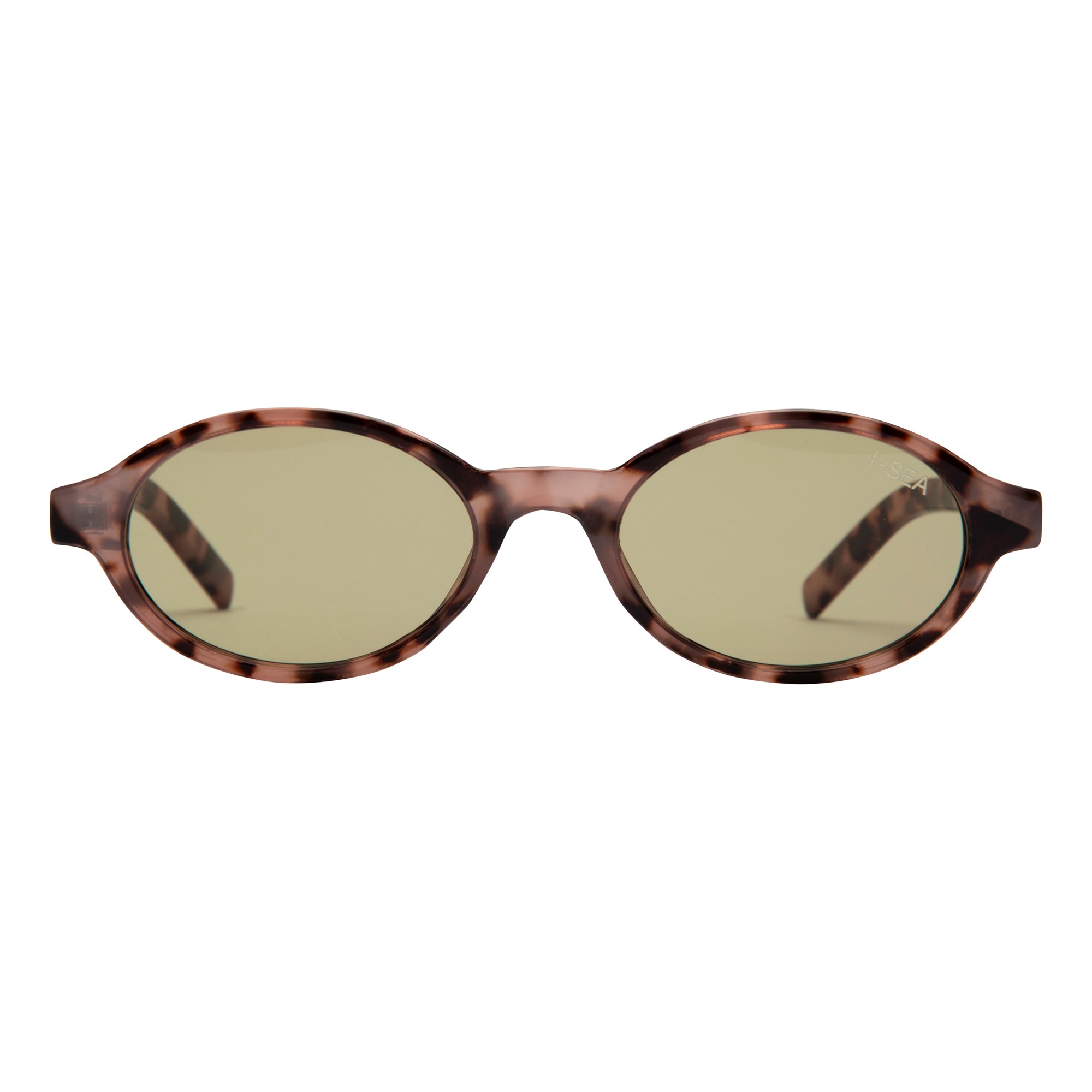 Sunglasses with tortoiseshell frame and green lenses on a white background.
SNOW TORT / OLIVE LENS