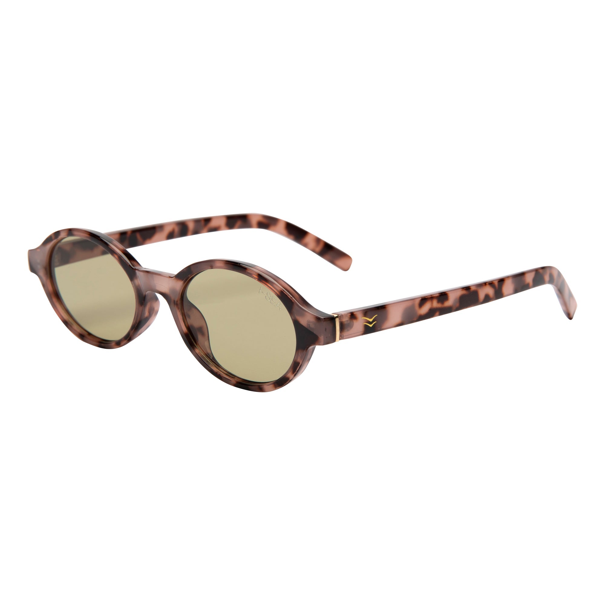 Sunglasses with tortoiseshell frame and gold lenses on a white background.
SNOW TORT / OLIVE LENS