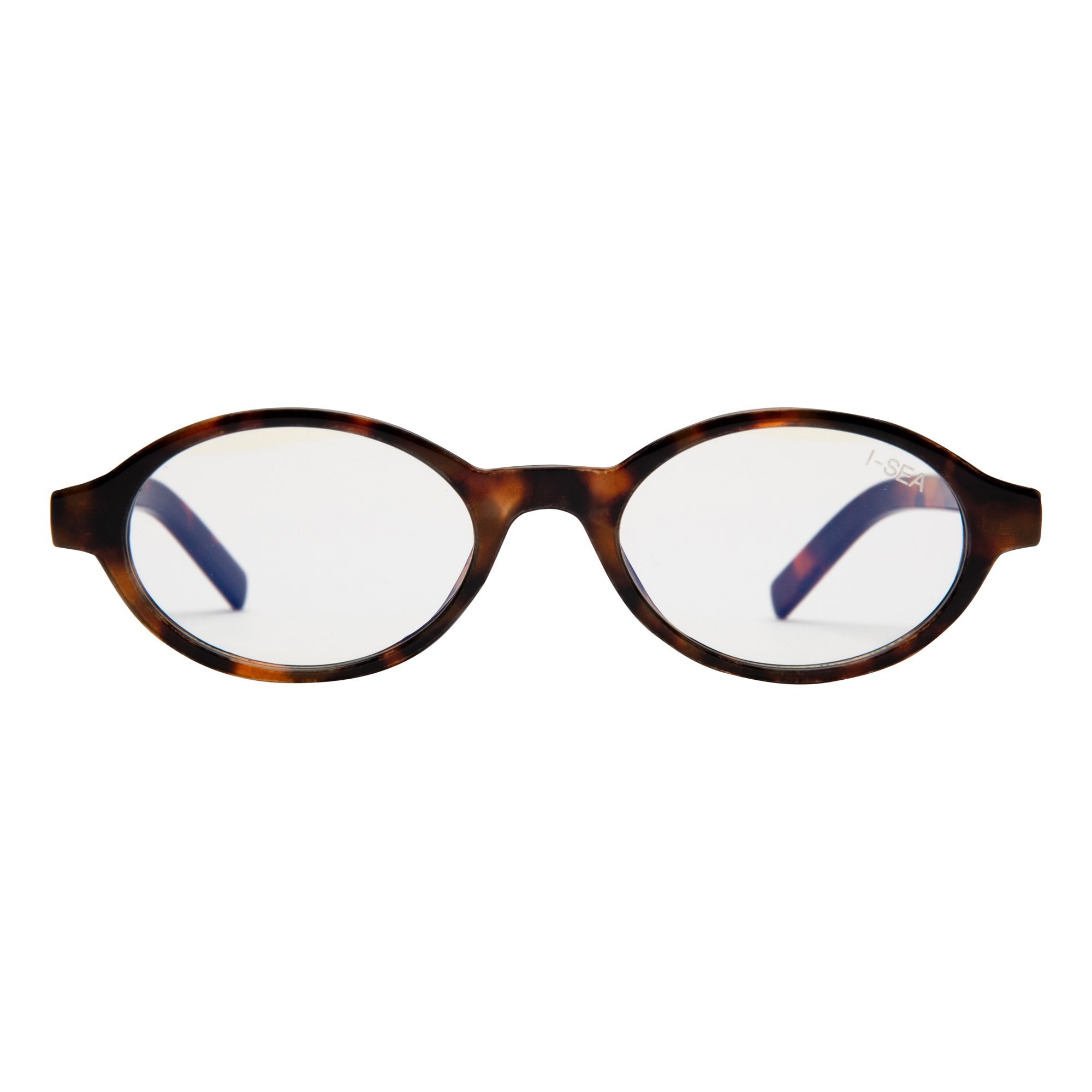 Oval-shaped glasses with tortoiseshell frame on a white background.
TORT / BLUE LIGHT LENS