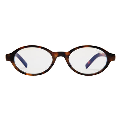 Oval-shaped glasses with tortoiseshell frame on a white background.
TORT / BLUE LIGHT LENS