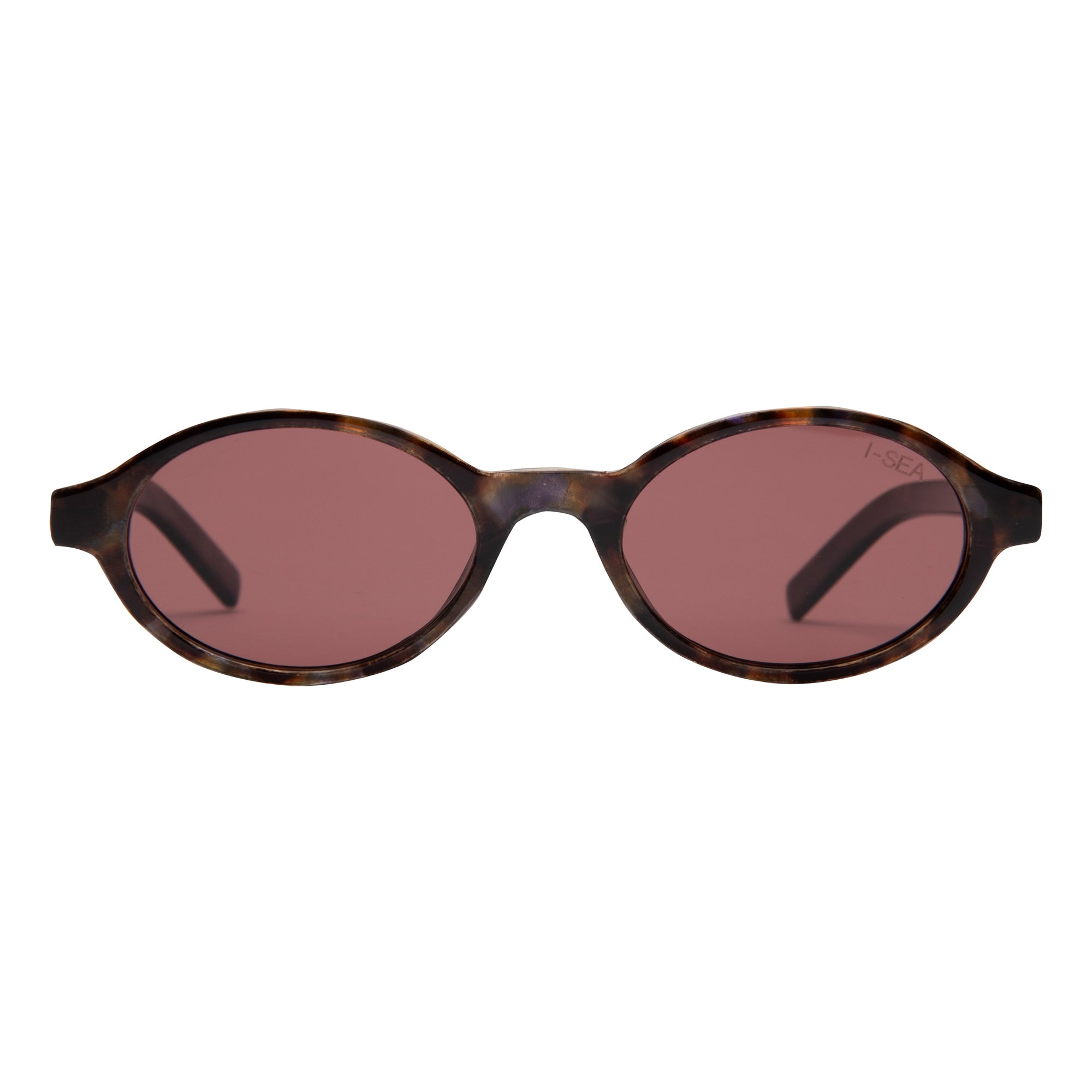 Sunglasses with tortoiseshell frame and pink lenses on a white background.
TORT / PLUM POLARIZED LENS