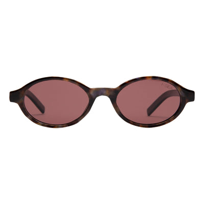 Sunglasses with tortoiseshell frame and pink lenses on a white background.
TORT / PLUM POLARIZED LENS