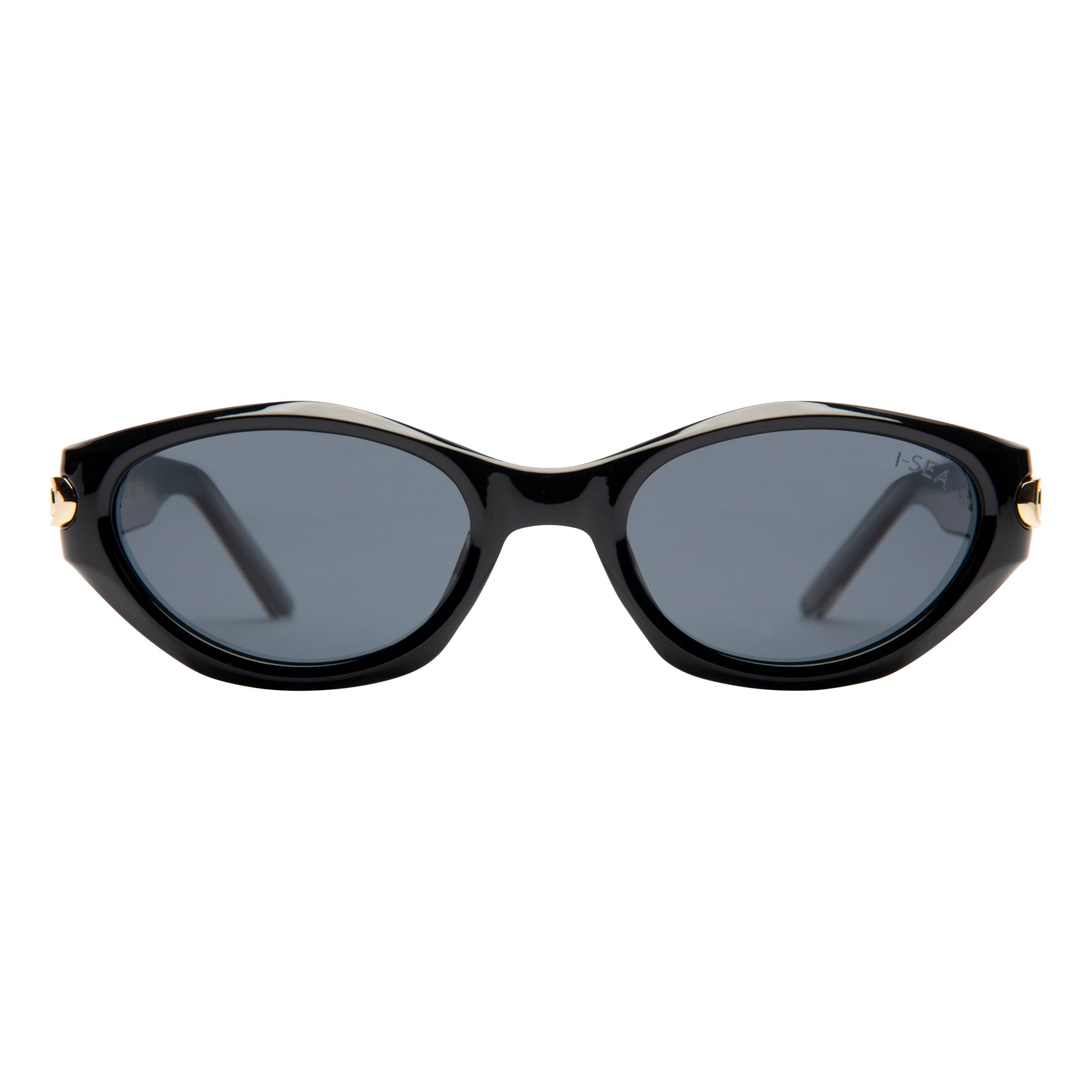 Black sunglasses with gold accents on a white background.
BLACK / SMOKE POLARIZED LENS