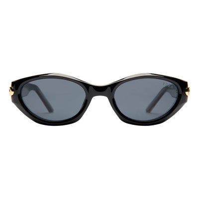 Black sunglasses with gold accents on a white background.
BLACK / SMOKE POLARIZED LENS
