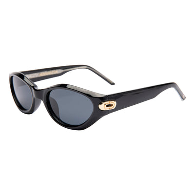 Black sunglasses with a gold accent on a white background.
BLACK / SMOKE POLARIZED LENS