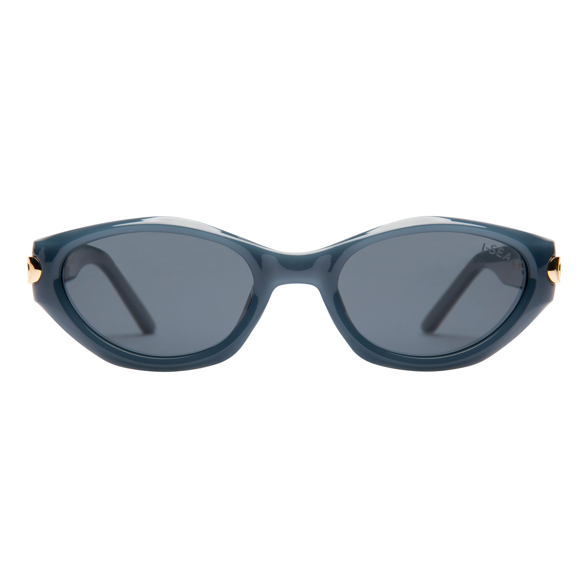 Blue sunglasses with gold accents on a white background.
MALIBU BLUE / SMOKE POLARIZED LENS