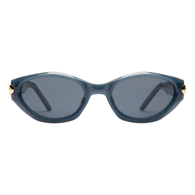 Blue sunglasses with gold accents on a white background.
MALIBU BLUE / SMOKE POLARIZED LENS