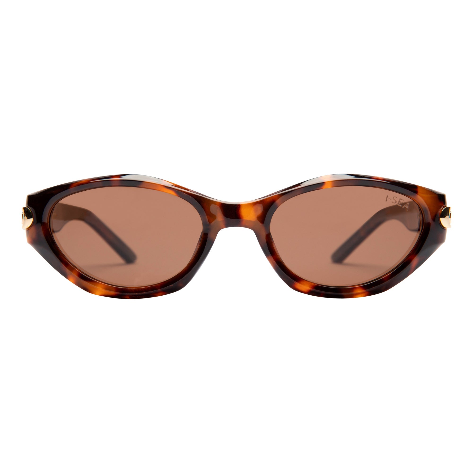 Sunglasses with tortoiseshell frame and brown lenses on a white background.
TORT / BROWN POLARIZED LENS