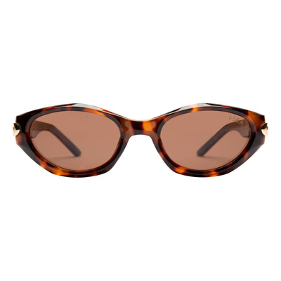 Sunglasses with tortoiseshell frame and brown lenses on a white background.
TORT / BROWN POLARIZED LENS