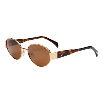 Sunglasses with tortoiseshell frame and brown lenses on a white background.
GOLD / BROWN POLARIZED LENS
