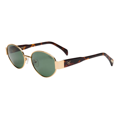 Sunglasses with tortoiseshell frame and green lenses on a white background.
GOLD / GREEN POLARIZED LENS