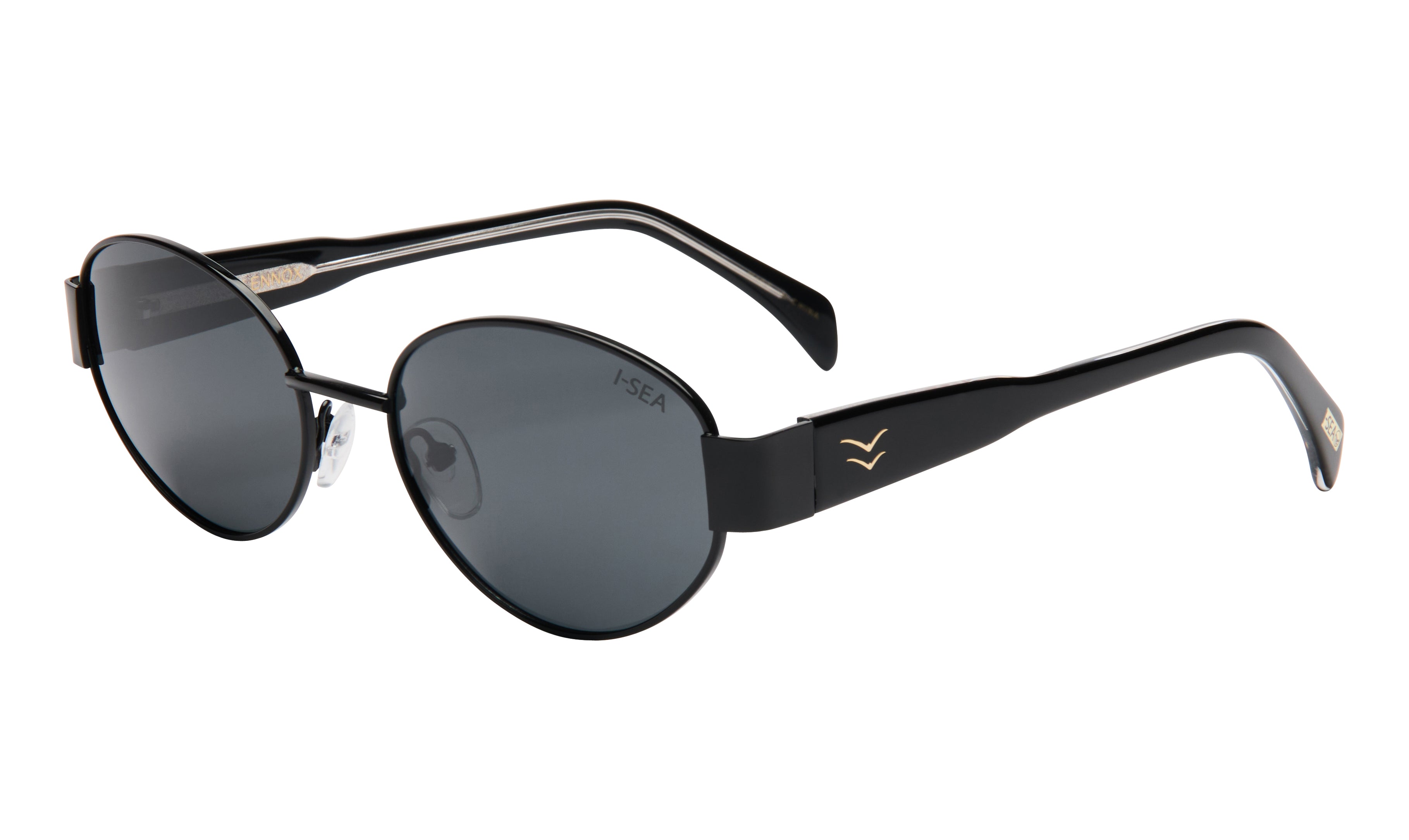 Black sunglasses with a brand logo on a white background.
BLACK / SMOKE POLARIZED LENS