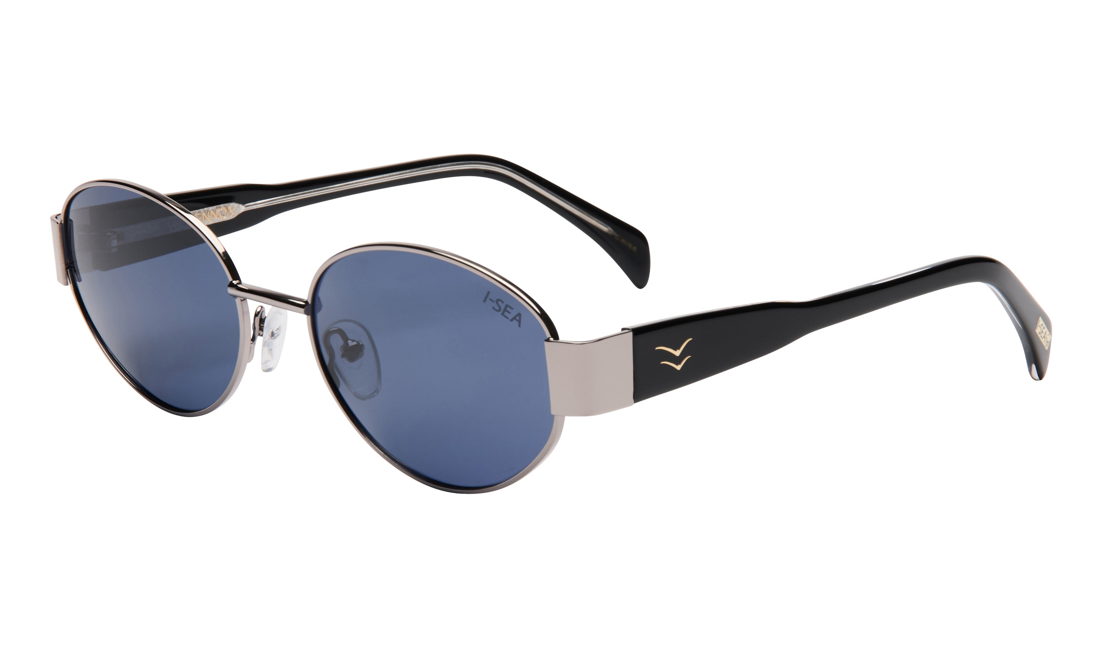 Sunglasses with black frame and blue lenses on a white background.
GUNMETAL / NAVY POLARIZED LENS
