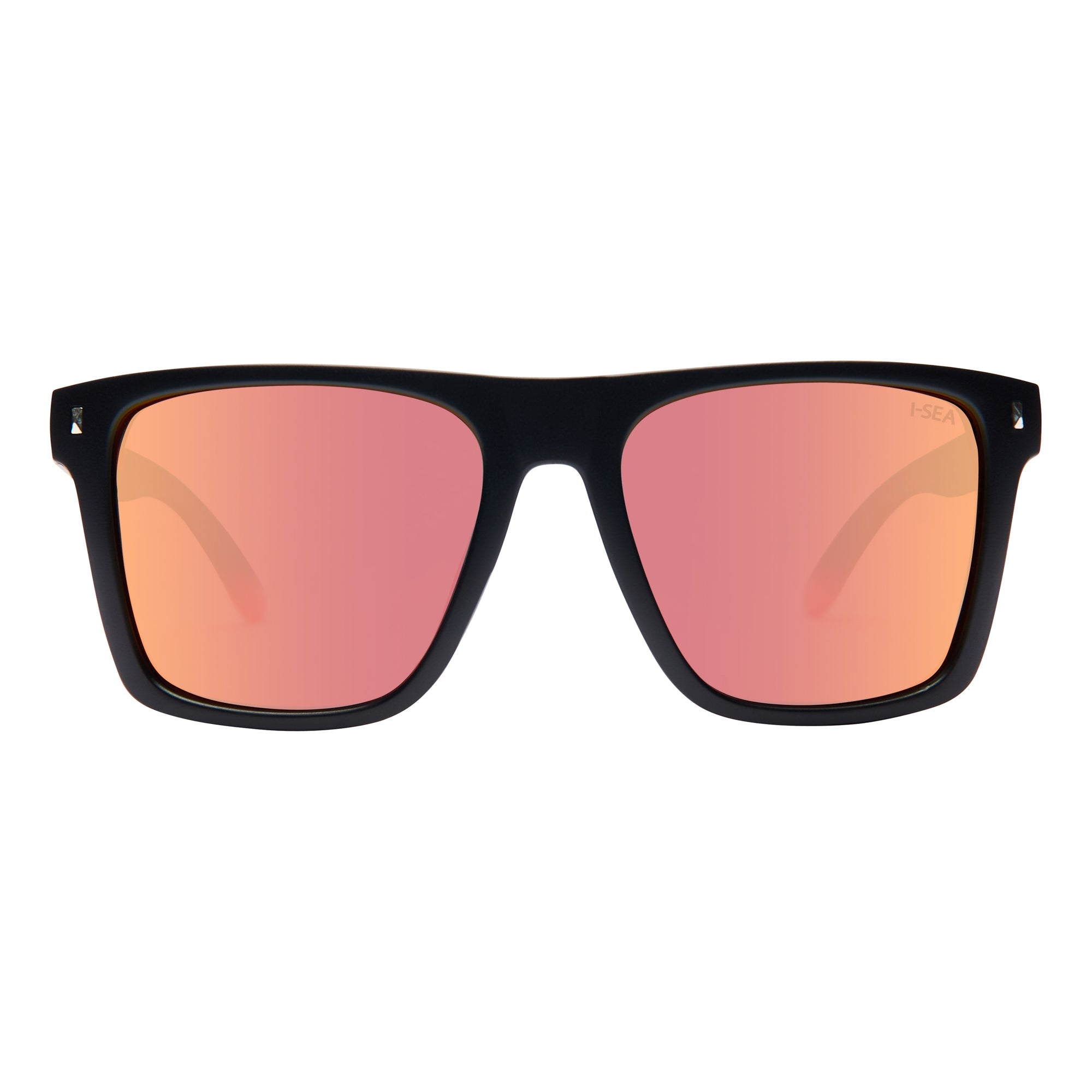 Black-framed sunglasses with pink-tinted lenses on a white background.
BLACK / RED MIRROR POLARIZED LENS