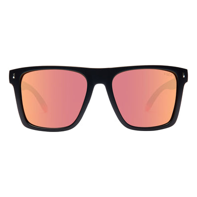 Black-framed sunglasses with pink-tinted lenses on a white background.
BLACK / RED MIRROR POLARIZED LENS