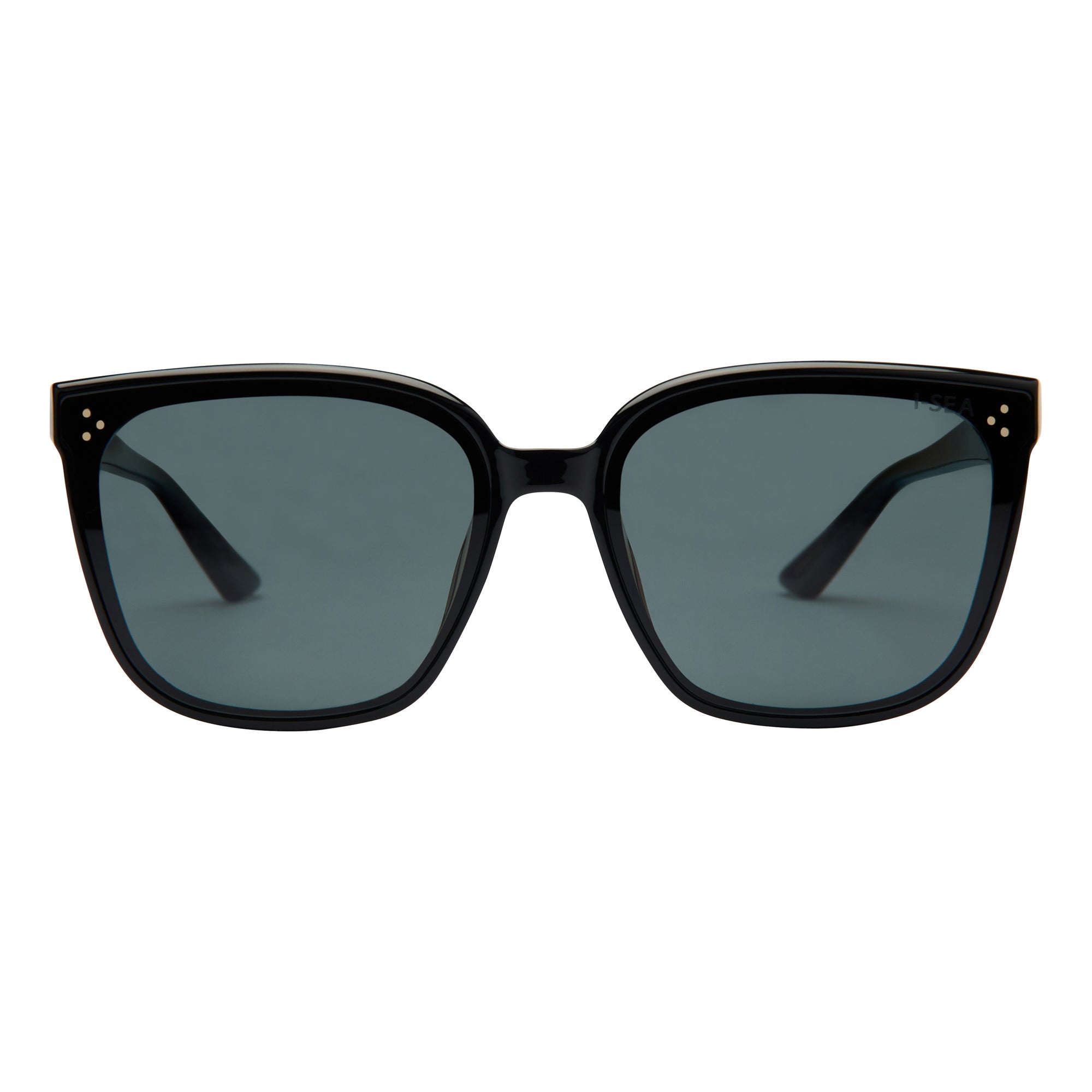 Black sunglasses with dark lenses on a white background.
BLACK / SMOKE POLARIZED LENS