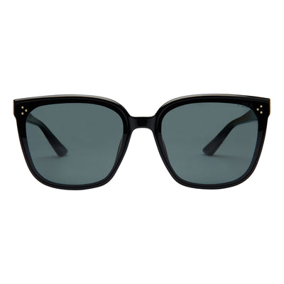 Black sunglasses with dark lenses on a white background.
BLACK / SMOKE POLARIZED LENS