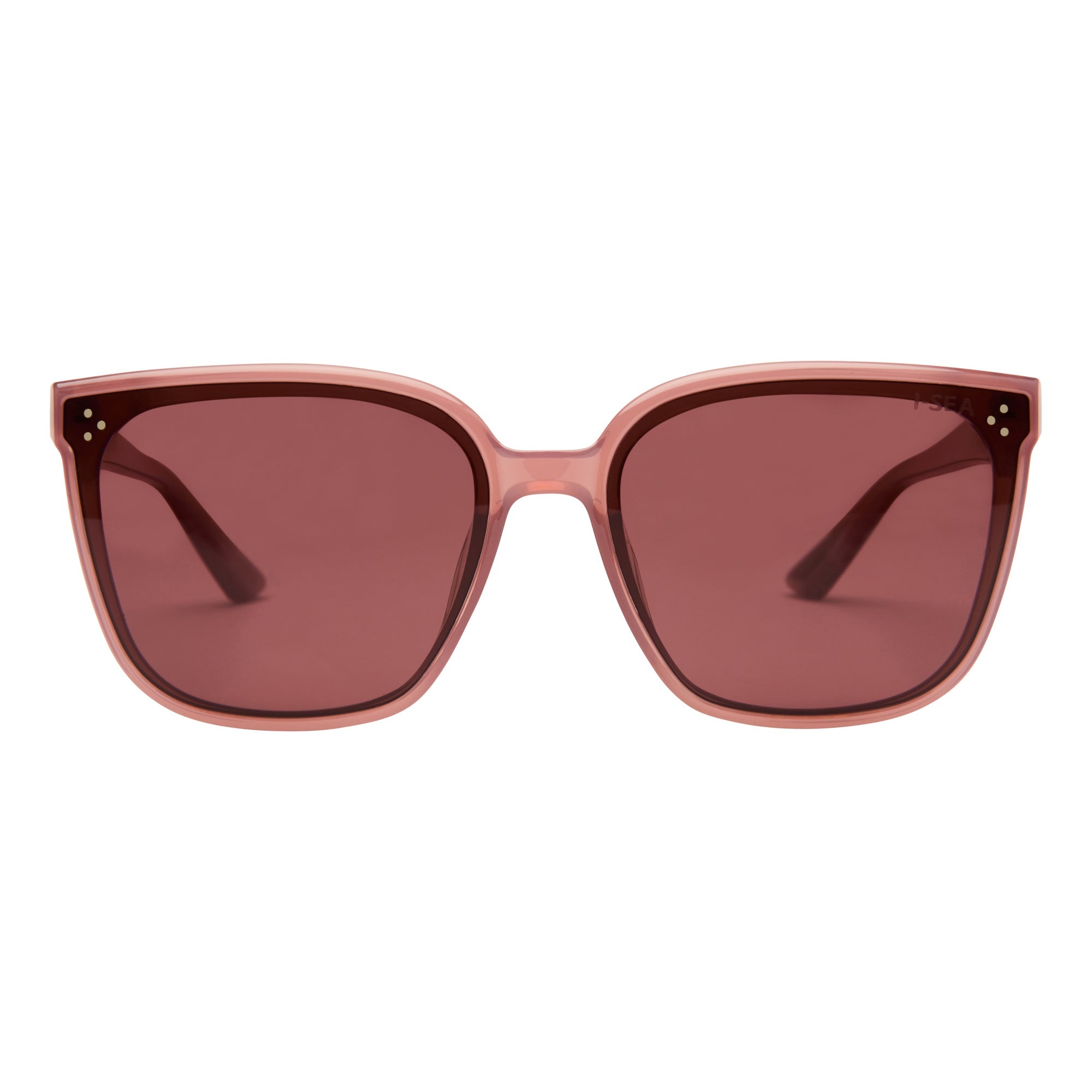 Sunglasses with pink frame and red-tinted lenses on a white background.
DUSTY ROSE / PLUM POLARIZED LENS