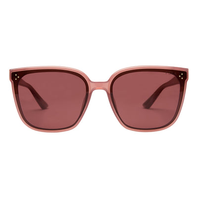Sunglasses with pink frame and red-tinted lenses on a white background.
DUSTY ROSE / PLUM POLARIZED LENS