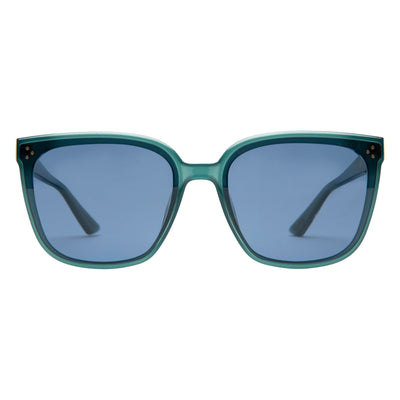 Green sunglasses with blue lenses on a white background.
POOL / NAVY POLARIZED LENS
