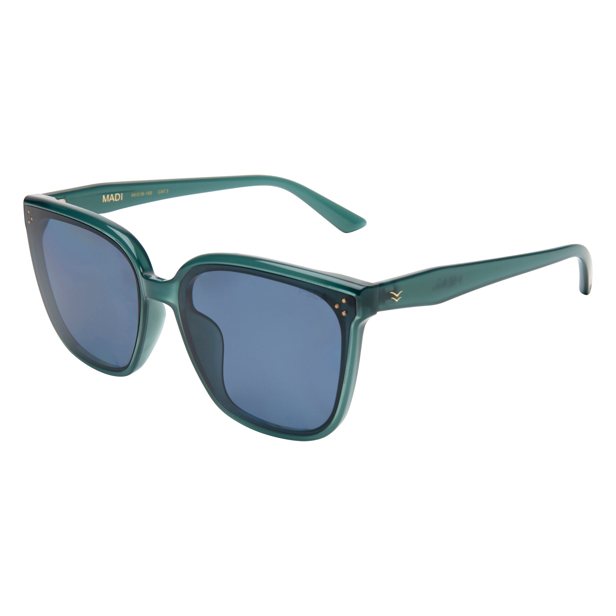 Green sunglasses with blue lenses on a white background.
POOL / NAVY POLARIZED LENS