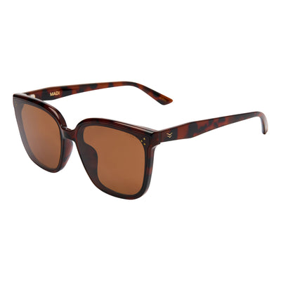 Sunglasses with tortoiseshell frame and brown lenses on a white background.
TORT / BROWN POLARIZED LENS