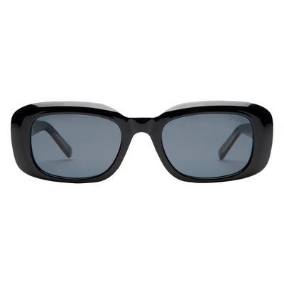 Black sunglasses with dark lenses on a white background.
BLACK / SMOKE POLARIZED LENS
